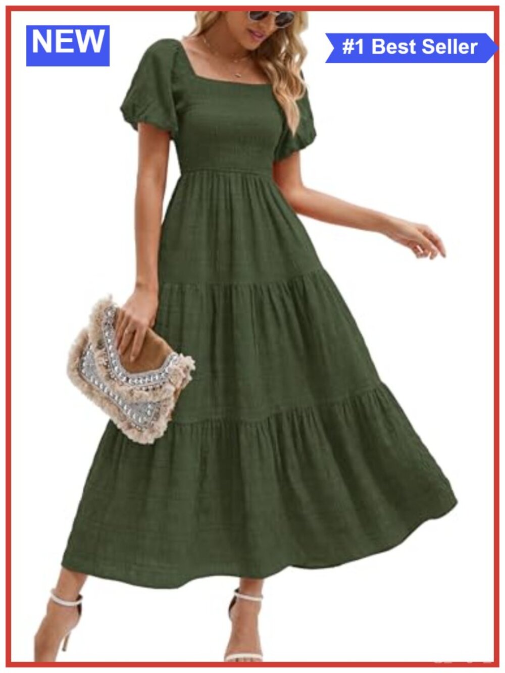 Puff Short Sleeve Maxi Dress - A-Line Flowy Square Neck Women